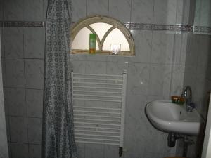 a bathroom with a shower and a sink at Cornucopia Cottage in Ingen