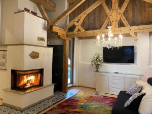 a living room with a fireplace and a tv at Private Luxury Chalet in Siegsdorf