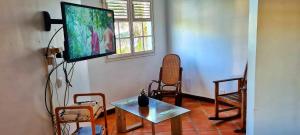 Televisi dan/atau pusat hiburan di Villa de 4 chambres a Moule a 50 m de la plage avec vue sur la mer piscine privee et jardin clos