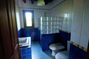 a blue tiled bathroom with a toilet and a sink at Charming house in Albuerne with fenced garden in Albuerne +13 photos