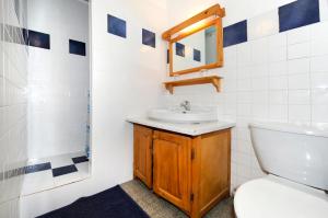 ein Badezimmer mit Waschbecken, Toilette und Spiegel in der Unterkunft Appartement cosy aux Ménuires 35 m² avec vue montagne in Levassaix