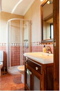 y baño con ducha, lavabo y aseo. en 3 bedrooms house with private pool enclosed garden and wifi at Carballedo, en Carballedo