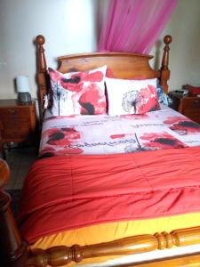a bed with a red blanket and pillows on it at Appartement de 2 chambres a Bouillante a 100 m de la plage avec vue sur la mer terrasse amenagee et wifi in Bouillante