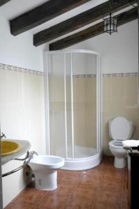 y baño con ducha, aseo y lavamanos. en 3 bedrooms house with city view and enclosed garden at Ivanrey en Ciudad-Rodrigo