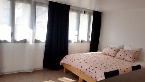 a bedroom with a bed with black curtains and windows at Studio avec wifi a Argenteuil in Argenteuil