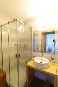 a bathroom with a sink and a shower at Spacious House in Porto + Garden in Porto +23 photos