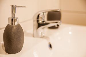 a soap bottle sitting on a sink next to a faucet at Haus am See B&B in Bornheim