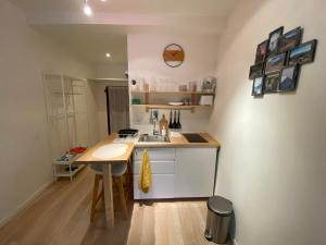 una pequeña cocina con fregadero y encimera en Studio très agréable proche de Auron, en Saint-Étienne-de-Tinée