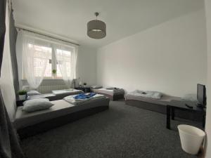 a white room with two beds and a window at Hostel Czecha in Warsaw