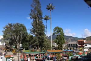 a city with trolley cars in a town with palm trees at Hotel Tahami in Sonsón