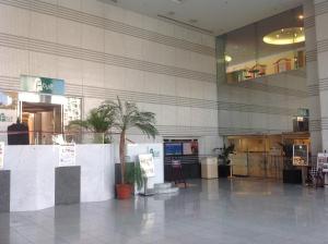 広島市にある広島市文化交流会館のヤシの木がある建物のロビー