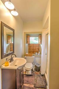 y baño con lavabo, aseo y espejo. en Historic Ottawa Lake House Deck, Barn and 96 Acres!, en Sylvania