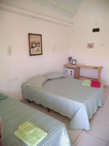 1 dormitorio con cama y mesa en la pared en Pousada Canto dos Canários en Socorro