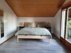 um quarto com uma cama num quarto com duas janelas em Maison Chalet em Grandfontaine