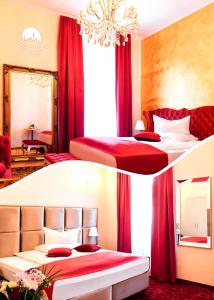 a bedroom with two beds with red curtains at Hotel Hamburger Perle in Hamburg