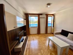 a living room with a couch and a tv at Apartments First Line in Petrovac na Moru
