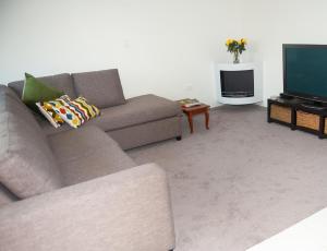 un soggiorno con divano e TV di Guinea's Rest a Waipapa
