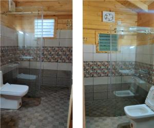 two pictures of a bathroom with a toilet and a shower at Woodrose Resort in Kalpetta