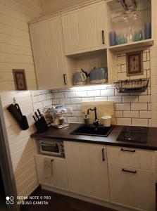 una cocina con armarios blancos y fregadero en Feliz apartman en Gyula