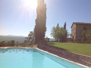 a swimming pool in front of a house with trees at Agriturismo Casanova in Asciano