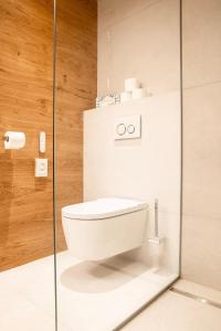 a bathroom with a toilet and a glass shower at Hotel & Appartements Alpenresidenz Viktoria in Neustift im Stubaital