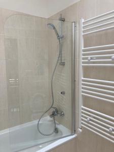 y baño con ducha con cabezal de ducha. en Apartmán Hopi Hopi Svoboda nad Úpou, en Svoboda nad Úpou