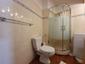 uma casa de banho com um WC e uma cabina de duche em vidro. em Sea View Deluxe em Bat Yam