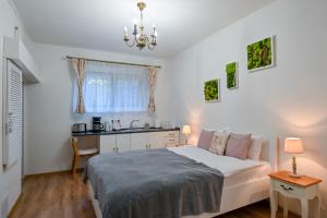 a bedroom with a bed and a table and a sink at Transilvania Apartment in Sibiu