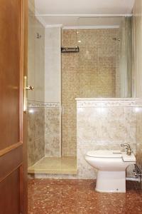 uma casa de banho com um chuveiro, um WC e um lavatório. em Vivienda Turística el Ciclamen em Mora de Rubielos