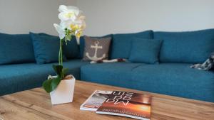 a living room with a blue couch and a table at Ferienwohnungen AVIVA Bodman - Urlaub in unmittelbarer Seenähe in Bodman-Ludwigshafen