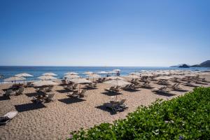 una spiaggia con sedie e ombrelloni e l'oceano di InterContinental Fujairah Resort, an IHG Hotel ad Al Aqah