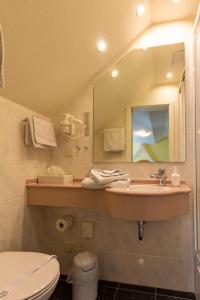 a bathroom with a sink and a toilet and a mirror at Hotel Villa Tummelchen in Cochem