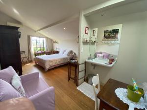 1 dormitorio con 1 cama y lavamanos en una habitación en Chez L'Antiquaire, en Hauterives