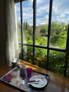 einem Tisch mit einem Teller auf einem Tablett vor einem Fenster in der Unterkunft Chez L'Antiquaire in Hauterives