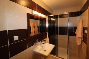 La salle de bains est pourvue d'un lavabo et d'une douche. dans l'établissement Apartman Baska, à Veľký Slavkov