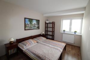 - une petite chambre avec un lit et une fenêtre dans l'établissement Apartman Baska, à Veľký Slavkov