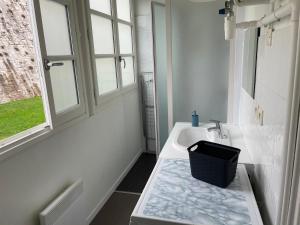 a white bathroom with a sink and a window at Appartement lumineux centre Pau proche château et gare in Pau