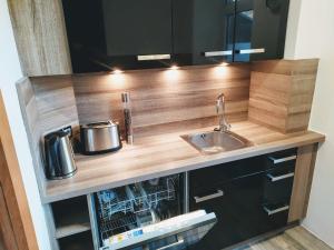 a kitchen counter with a sink and a dishwasher at Super Wohnungen #2, #3 und #4 DG im Zentrum, Süd-Sonne und Burg-Blick in Stolberg +28 photos
