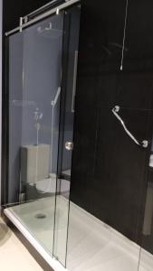 a glass shower with a toilet in a room at Casa Da Avo - Turismo De Habitacao in Torre de Moncorvo