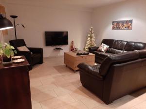 a living room with a leather couch and a christmas tree at Lodewijkhoeve in Banholt