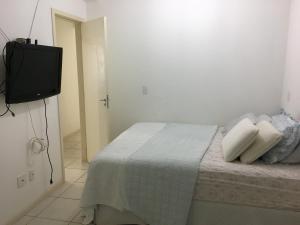 Cette chambre dispose d'une télévision et d'un lit avec des oreillers. dans l'établissement Apartamento Rocha Cuiabá, à Cuiabá