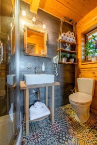a bathroom with a sink and a toilet at Domki Widokowe Wooden Pod Gubałówką z Jacuzzi in Ząb +84 photos