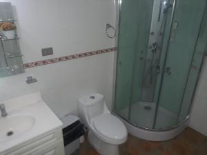 a bathroom with a toilet and a glass shower at La Ruta de Aysén in Coihaique