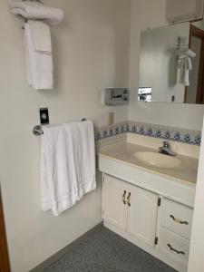 een badkamer met een wastafel, een spiegel en handdoeken bij Marina Motel in Seward