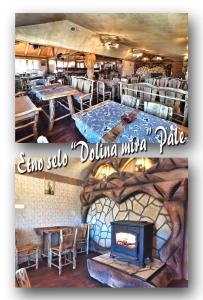 a restaurant with a fireplace and tables and chairs at Apartman Zelengora Dolina mira in Pale +6 photos