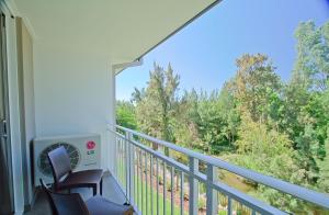 a balcony with two chairs and a view of trees at The Remington Muswellbrook in Muswellbrook