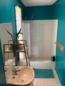 a bathroom with a sink and a shower at SEA-esta in Nelly Bay