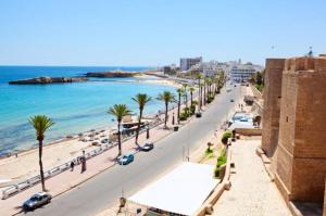 a view of a beach with palm trees and the ocean at Charming Villa in Monastir with Private Pool in Monastir