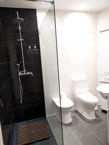 a bathroom with a shower and a toilet at Charming apartment in Portimão – 45 m² with a shared pool in Portimão +8 photos