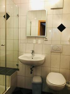 uma casa de banho com um lavatório, um WC e um espelho. em Gasthaus Felbermaier em Lampertshofen